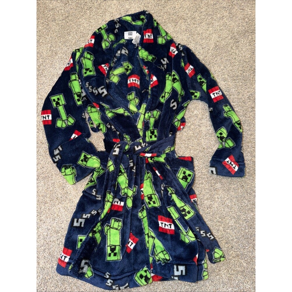 Minecraft Boy’s Blue Robe Fleece Soft Sz 8 S/M LS Pockets Belt Tie TNT Print